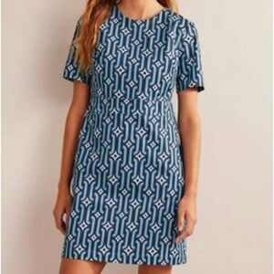 Boden Cotton Mini Shift Dress in‎ Blue Geometric Print Size 8 Long